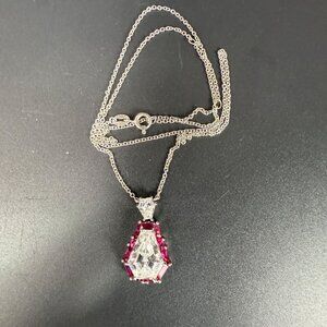 Sterling Silver Cubic Zirconia Ruby Art Deco Coffin Shaped Pendant Necklace